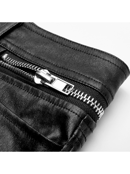 Steam Punk Male Casual Black PU Leather Metal Zipper Pants