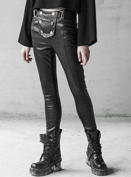 Steam Punk Female Black Military Buckle PU Leather Skinny Pants With Belt