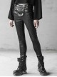 Steam Punk Female Black Military Buckle PU Leather Skinny Pants With Belt