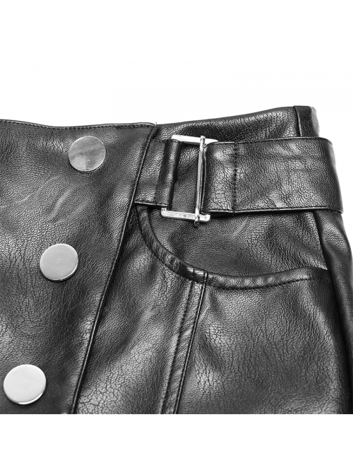 Steam Punk Female Black Military Buckle PU Leather Skinny Pants With Belt