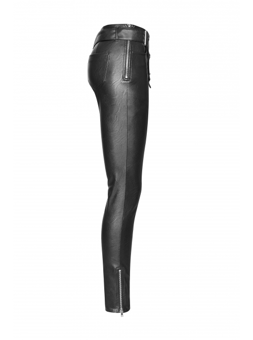 Steam Punk Female Black Military Buckle PU Leather Skinny Pants With Belt