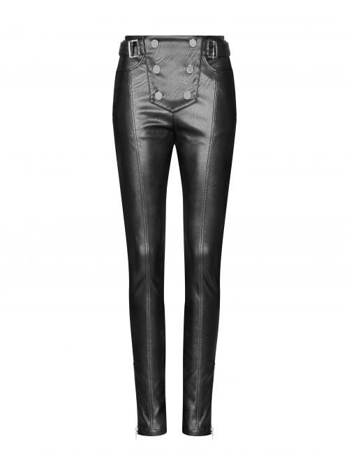 Steam Punk Female Black Military Buckle PU Leather Skinny Pants With Belt