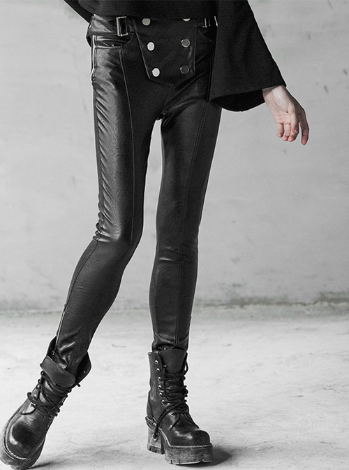 Steam Punk Female Black Military Buckle PU Leather Skinny Pants With Belt