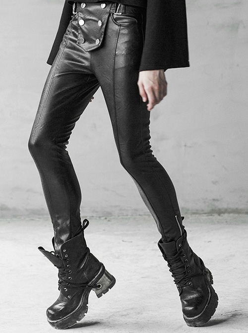 Steam Punk Female Black Military Buckle PU Leather Skinny Pants With Belt
