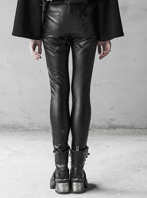 Steam Punk Female Black Military Buckle PU Leather Skinny Pants With Belt