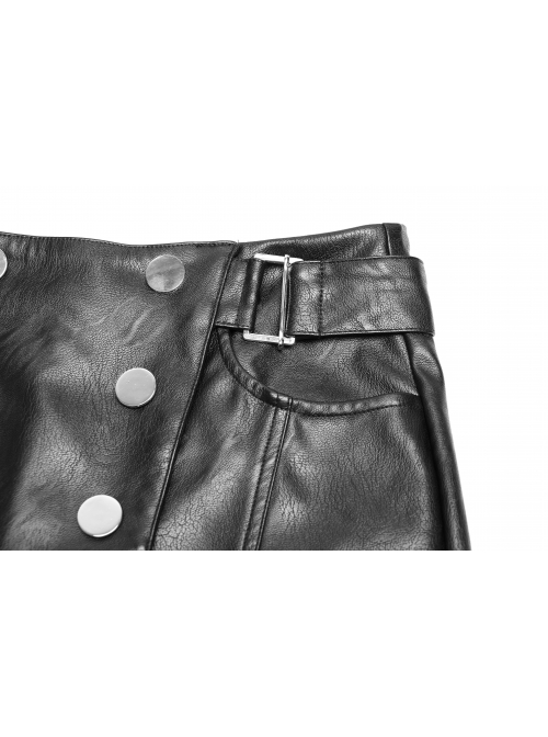 Steam Punk Female Black Military Buckle PU Leather Skinny Pants With Belt