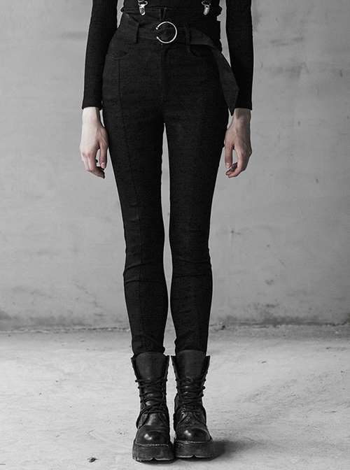 Steam Punk Female Black High Waist Pants With Braces