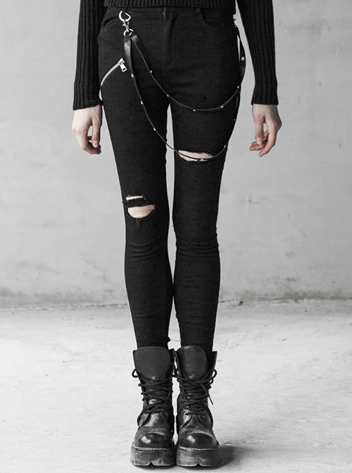 Steam Punk Female Black Elastic Removable Strap Skinny Ripped Jeans