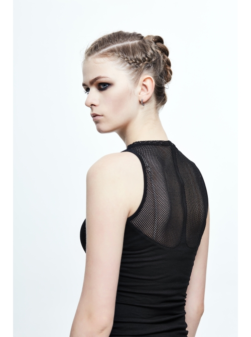 Chest Gear Embroidered Splice Hexagonal Diamond Mesh Black Punk Vest