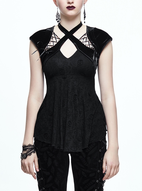 Black Halter Chest Lace-Up Frilly Hem Skull Pattern Flocking Velvet Gothic T-shirt