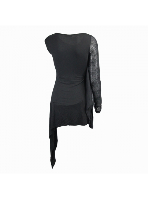 One Side Spider Web Pattern Mesh Long Sleeve Other Side Sleeveless Asymmetric Hem Black Punk T-Shirt