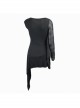 One Side Spider Web Pattern Mesh Long Sleeve Other Side Sleeveless Asymmetric Hem Black Punk T-Shirt