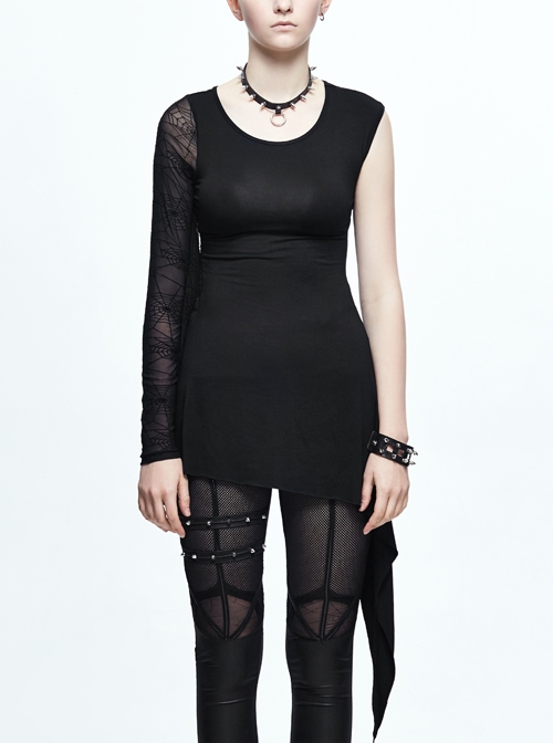 One Side Spider Web Pattern Mesh Long Sleeve Other Side Sleeveless Asymmetric Hem Black Punk T-Shirt