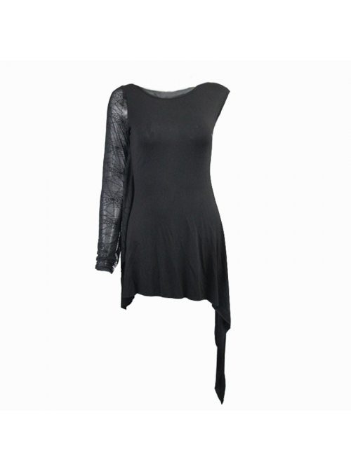 One Side Spider Web Pattern Mesh Long Sleeve Other Side Sleeveless Asymmetric Hem Black Punk T-Shirt