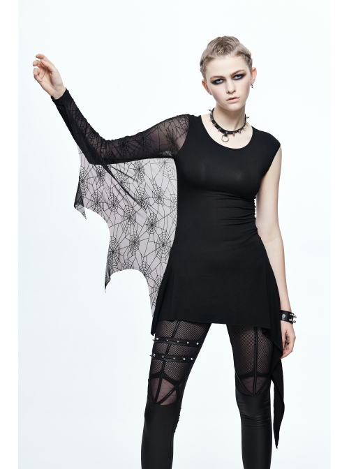 One Side Spider Web Pattern Mesh Long Sleeve Other Side Sleeveless Asymmetric Hem Black Punk T-Shirt