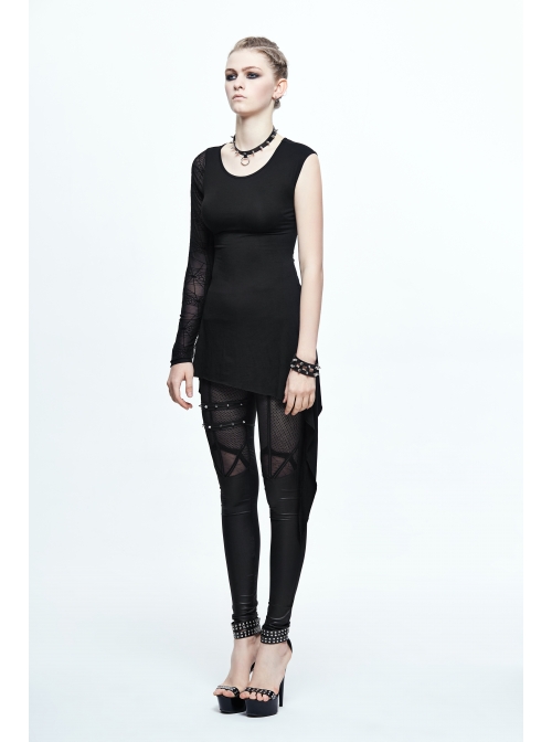 One Side Spider Web Pattern Mesh Long Sleeve Other Side Sleeveless Asymmetric Hem Black Punk T-Shirt