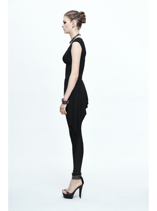 One Side Spider Web Pattern Mesh Long Sleeve Other Side Sleeveless Asymmetric Hem Black Punk T-Shirt