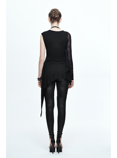 One Side Spider Web Pattern Mesh Long Sleeve Other Side Sleeveless Asymmetric Hem Black Punk T-Shirt