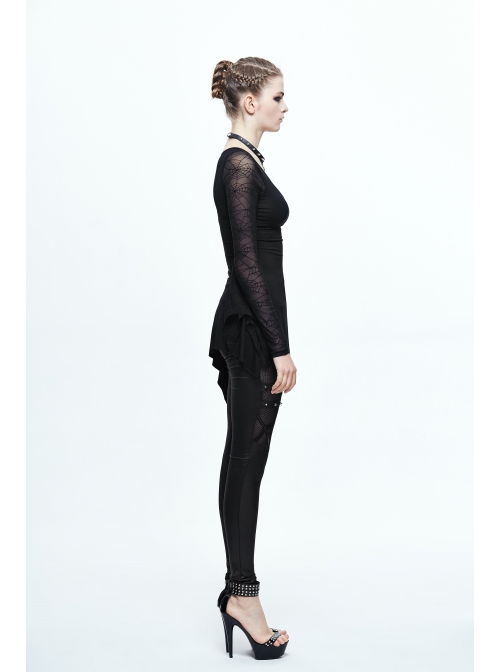 One Side Spider Web Pattern Mesh Long Sleeve Other Side Sleeveless Asymmetric Hem Black Punk T-Shirt