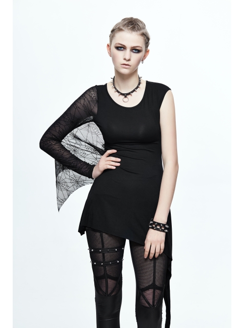 One Side Spider Web Pattern Mesh Long Sleeve Other Side Sleeveless Asymmetric Hem Black Punk T-Shirt