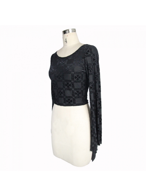 Cross Pattern Velvet Waist Length Horn Sleeves Short Black Gothic T-Shirt