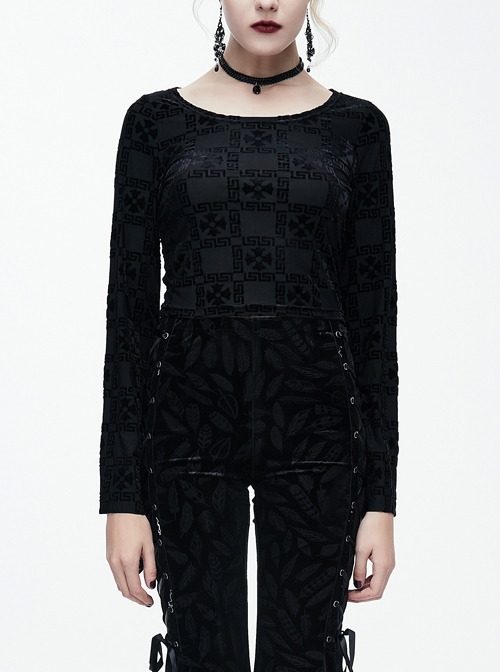 Cross Pattern Velvet Waist Length Horn Sleeves Short Black Gothic T-Shirt