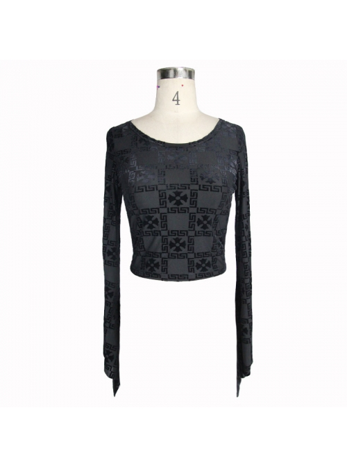 Cross Pattern Velvet Waist Length Horn Sleeves Short Black Gothic T-Shirt