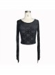 Cross Pattern Velvet Waist Length Horn Sleeves Short Black Gothic T-Shirt