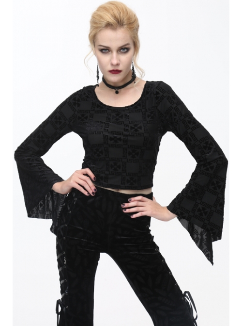 Cross Pattern Velvet Waist Length Horn Sleeves Short Black Gothic T-Shirt