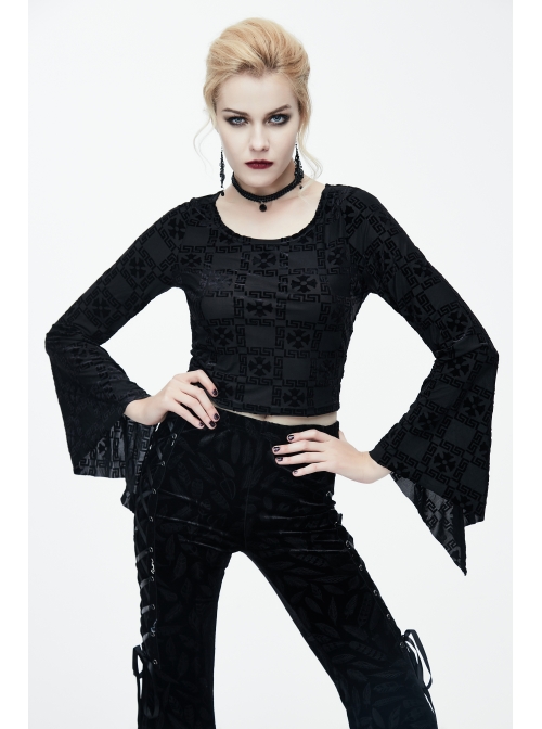 Cross Pattern Velvet Waist Length Horn Sleeves Short Black Gothic T-Shirt