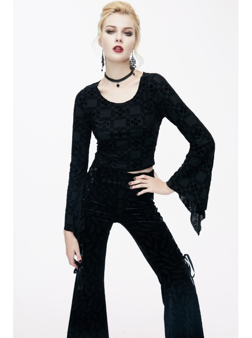 Cross Pattern Velvet Waist Length Horn Sleeves Short Black Gothic T-Shirt
