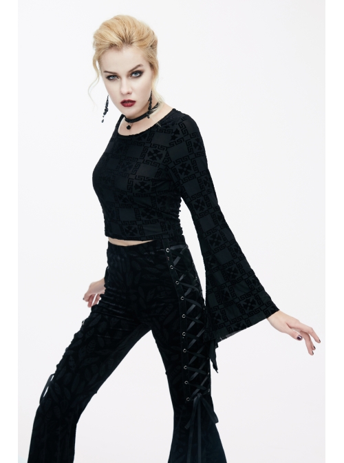 Cross Pattern Velvet Waist Length Horn Sleeves Short Black Gothic T-Shirt