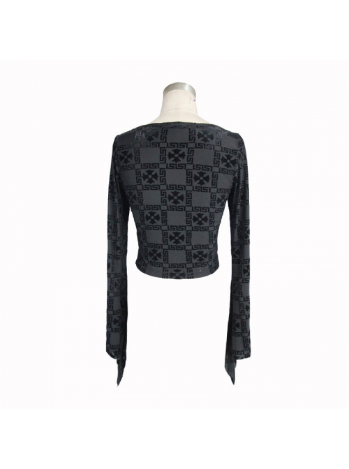 Cross Pattern Velvet Waist Length Horn Sleeves Short Black Gothic T-Shirt