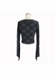 Cross Pattern Velvet Waist Length Horn Sleeves Short Black Gothic T-Shirt