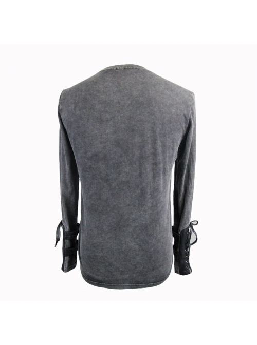 Black Faded Splice Heat Seal Backing Chest Lace-Up Leather Loop Cuff Punk T-Shirt
