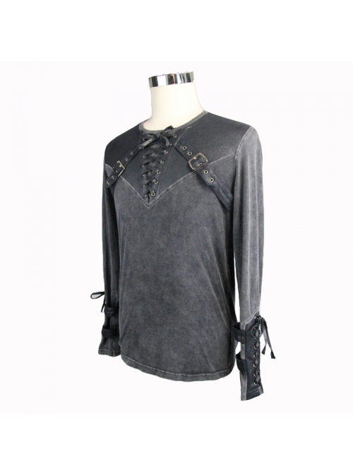 Black Faded Splice Heat Seal Backing Chest Lace-Up Leather Loop Cuff Punk T-Shirt
