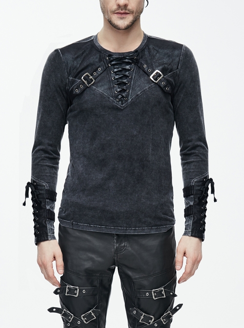 Black Faded Splice Heat Seal Backing Chest Lace-Up Leather Loop Cuff Punk T-Shirt
