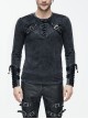 Black Faded Splice Heat Seal Backing Chest Lace-Up Leather Loop Cuff Punk T-Shirt