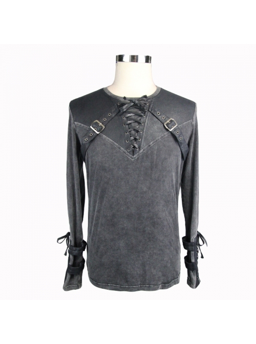 Black Faded Splice Heat Seal Backing Chest Lace-Up Leather Loop Cuff Punk T-Shirt