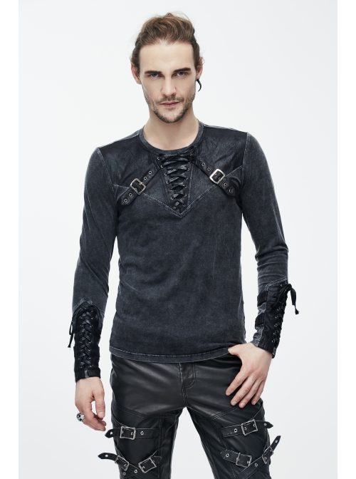 Black Faded Splice Heat Seal Backing Chest Lace-Up Leather Loop Cuff Punk T-Shirt