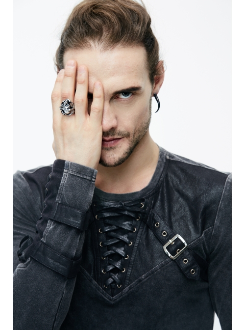 Black Faded Splice Heat Seal Backing Chest Lace-Up Leather Loop Cuff Punk T-Shirt