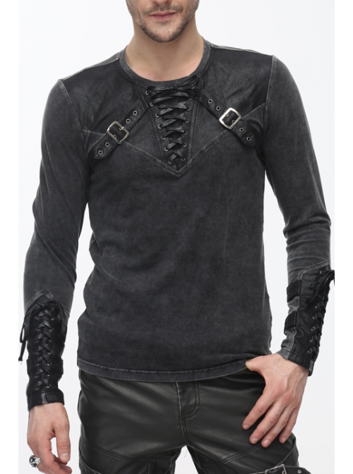 Black Faded Splice Heat Seal Backing Chest Lace-Up Leather Loop Cuff Punk T-Shirt