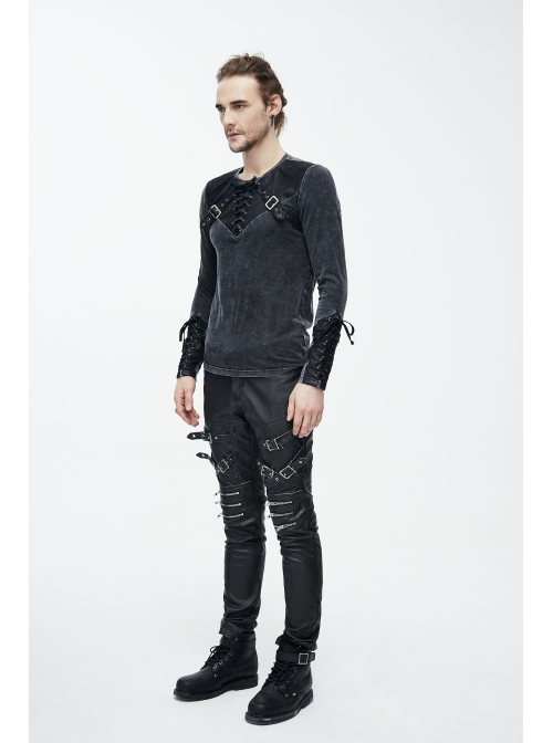 Black Faded Splice Heat Seal Backing Chest Lace-Up Leather Loop Cuff Punk T-Shirt