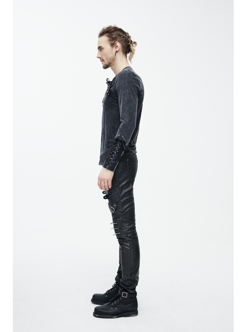 Black Faded Splice Heat Seal Backing Chest Lace-Up Leather Loop Cuff Punk T-Shirt