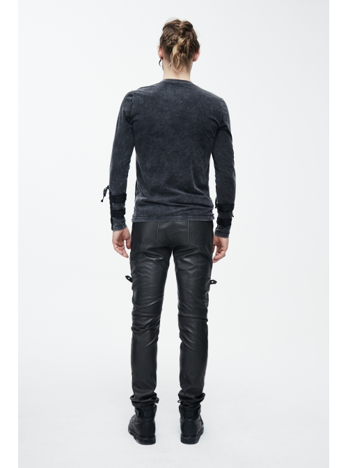 Black Faded Splice Heat Seal Backing Chest Lace-Up Leather Loop Cuff Punk T-Shirt