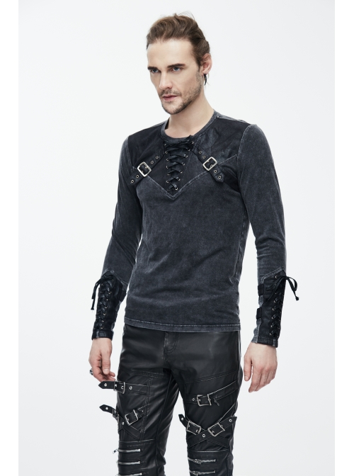 Black Faded Splice Heat Seal Backing Chest Lace-Up Leather Loop Cuff Punk T-Shirt