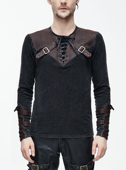 Black Faded Splice Brown Heat Seal Backing Chest Lace-Up Leather Loop Cuff Punk T-Shirt