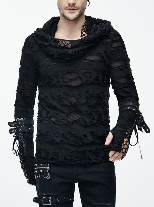 Ripped Hooded Finger Covered Leather Loop Lace-Up Black Punk T-Shirt