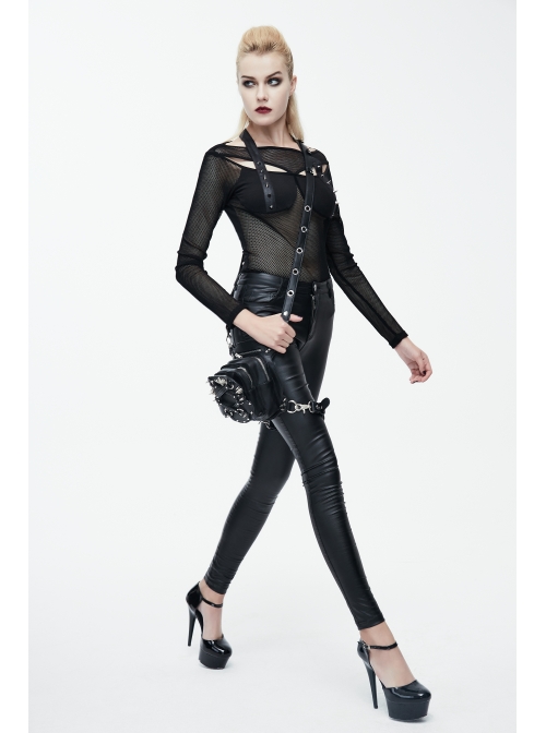 Sharp Nail Leather Loops Halter Splice Hexagonal Diamond Mesh Backless Black Punk T-Shirt