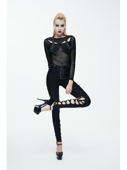 Sharp Nail Leather Loops Halter Splice Hexagonal Diamond Mesh Backless Black Punk T-Shirt